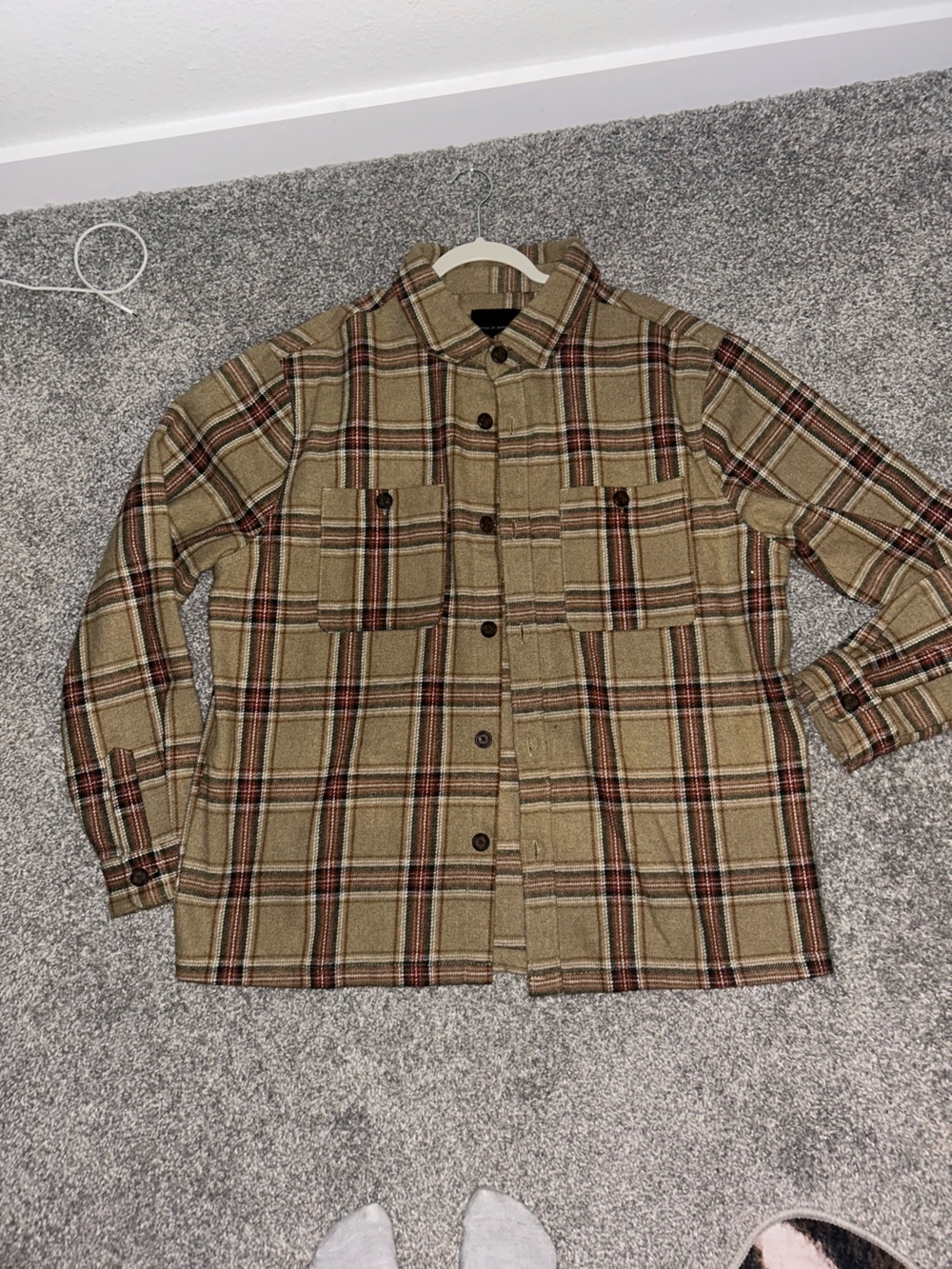 Cotton On Men's Tan Plaid Shacket with Brown & Red Accents